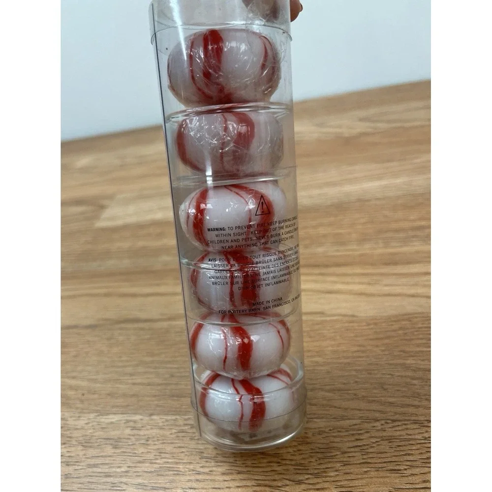 Pottery Barn Pack of 6 Candy Mint‎ Candles with 3 Votive Holders Peppermint NEW